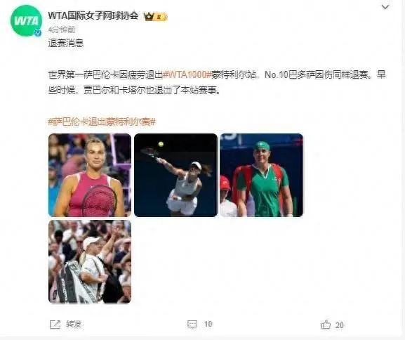 关于郑钦文劲敌-1！世界第一萨巴伦卡退出蒙特利尔站多位球员退赛的信息